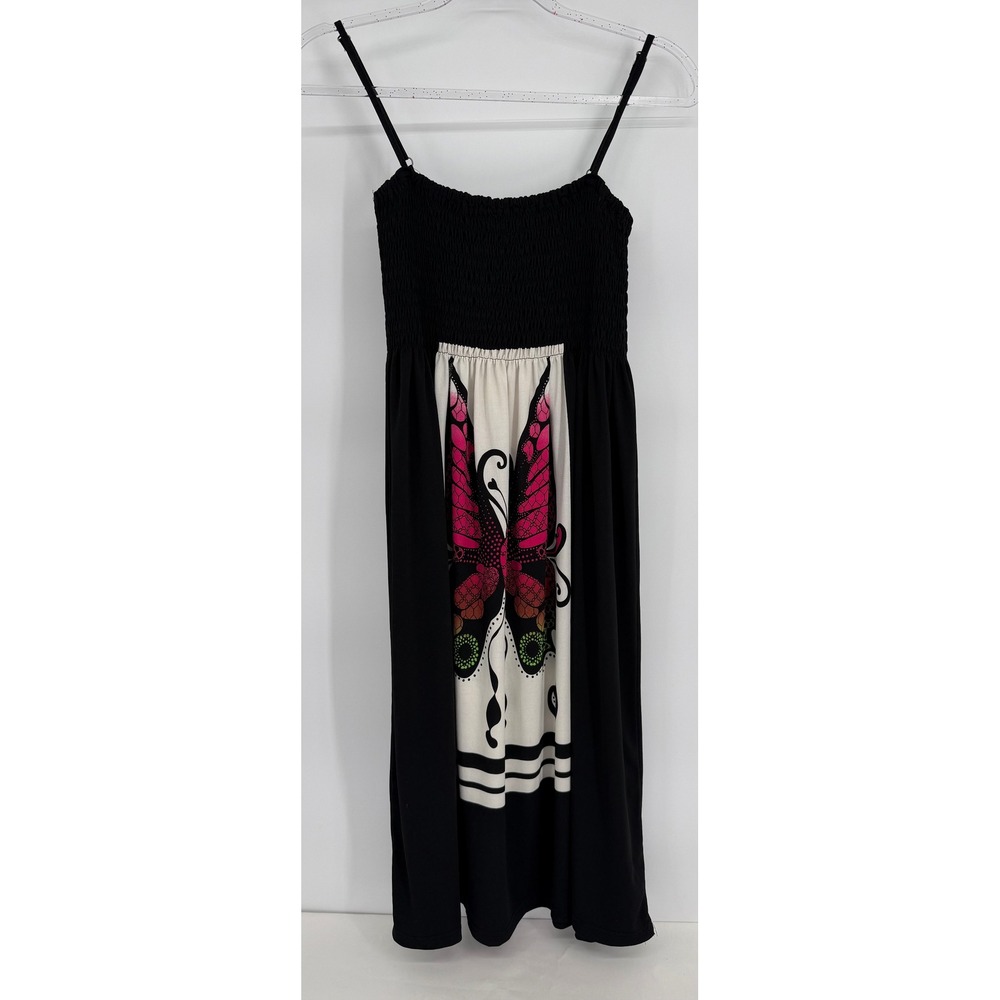 India Boutique Black Smocked Butterfly Graphic Midi Sun Dress Adjustable Sz 2X